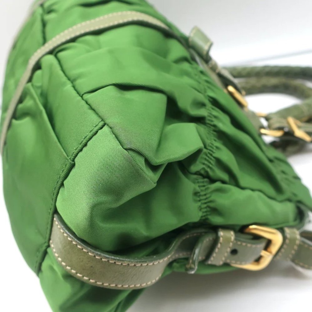 Prada Tessuto Gaufre Braided Handle Satchel Green Nylon Medium Crossbody Bag - Picture 9 of 12